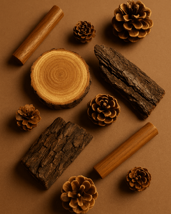 Warm and woody scent scene with flat lay logs and pine cones on a brown background