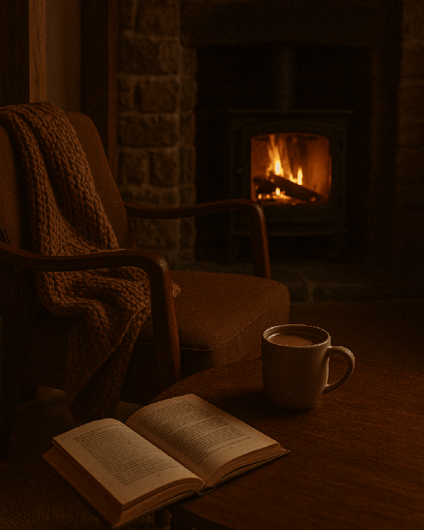 A crackling fire, soft knit draped over a chair, and a mug warming chilled hand, the scent of home, stillness, and slow evenings.