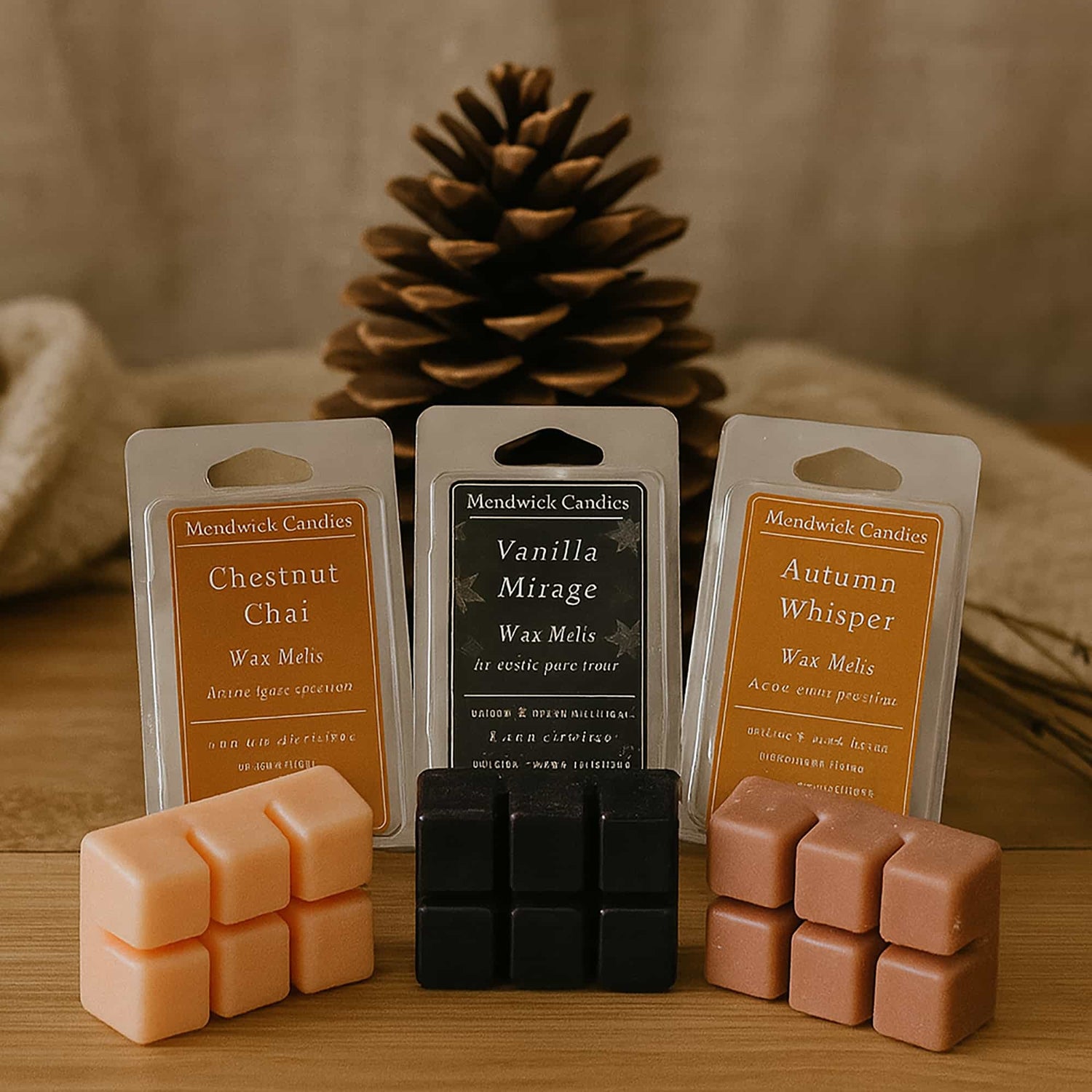 Scented wax melts in autumn-inspired fragrances, displayed with pinecones and seasonal decor.