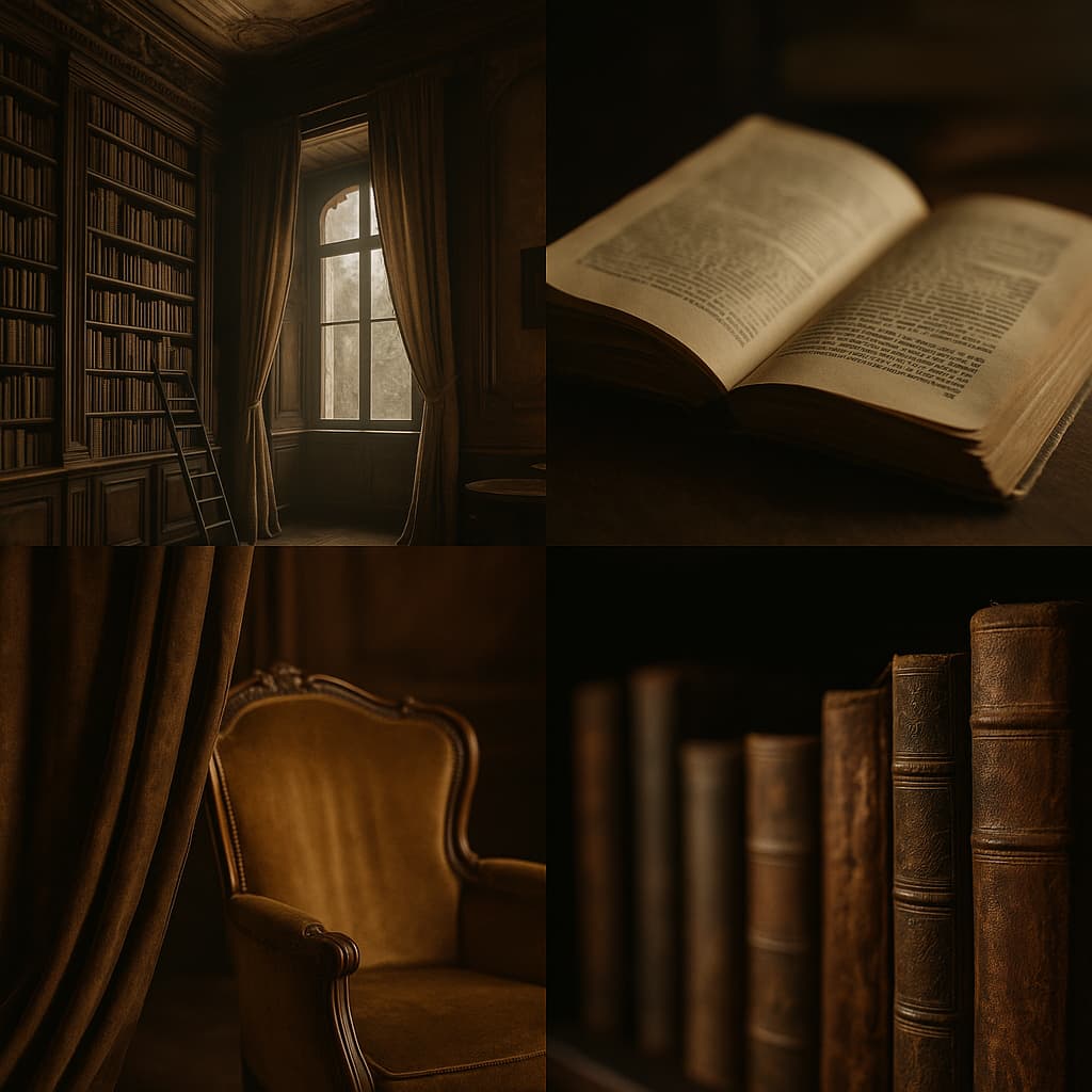 A collage of four vintage-inspired photographs arranged in a 2x2 grid, featuring aged books, antique wood textures, soft golden light, and timeless architectural details, evoking the nostalgic, musky scent of sandalwood, patchouli, and old libraries in Antiquity.