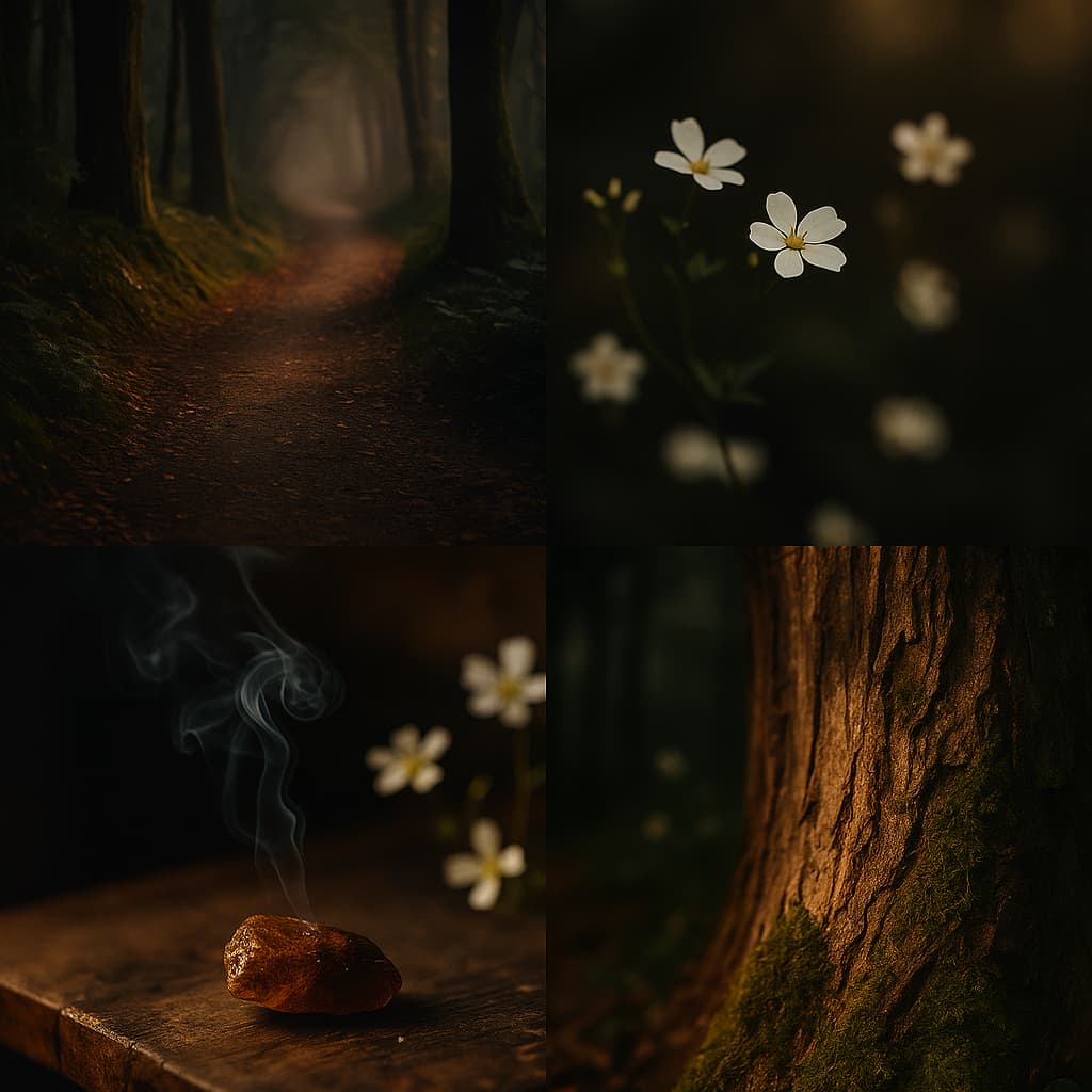 A 2x2 collage of atmospheric woodland photography featuring dusky forest paths, soft citrus blossoms, aged tree bark, and warm resinous tones, evoking the scent of neroli, sandalwood, and patchouli in a calming, nature-inspired fragrance.