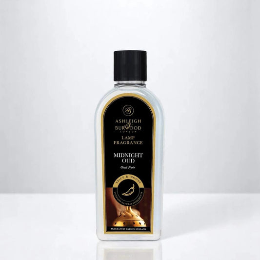 A bottle of Ashleigh & Burwood Midnight Oud Lamp Fragrance on a white background