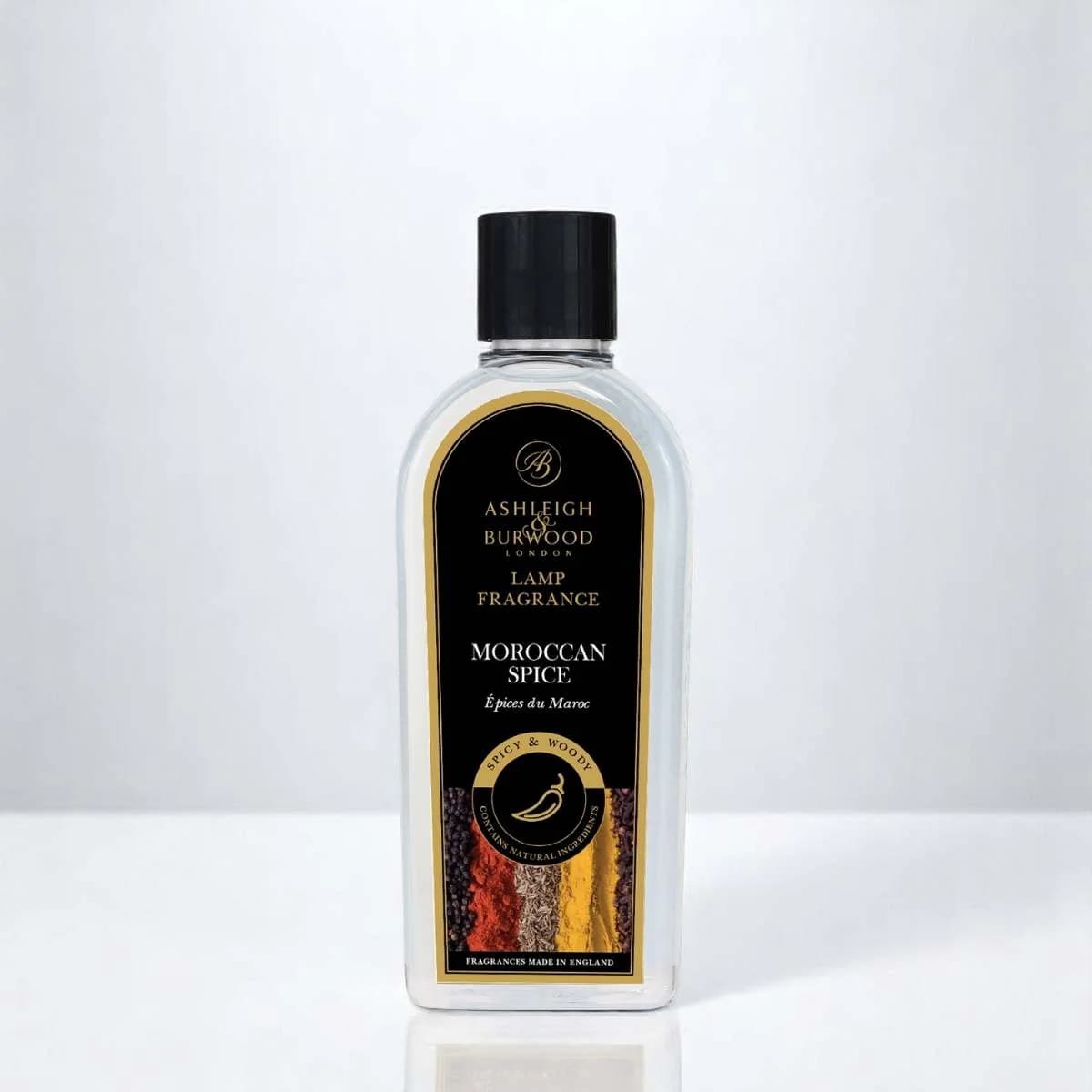A bottle of Ashleigh & Burwood Moroccan Spice Lamp Fragrance on a white background