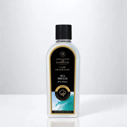 Bottle of Ashleigh & Burwood Sea Breeze lamp fragrance on a white background