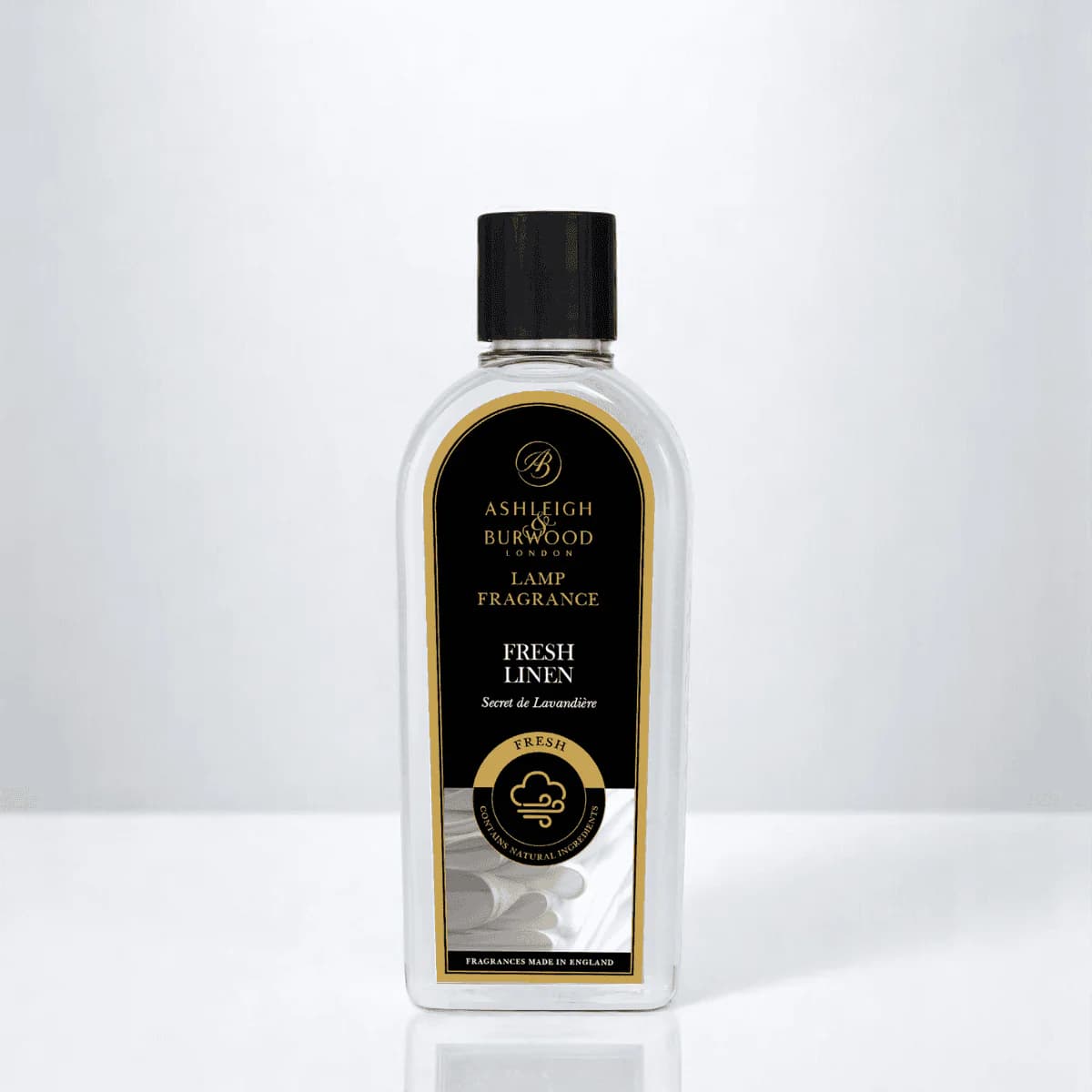 Bottle of Ashleigh & Burwood Fresh linen lamp fragrance on a white background