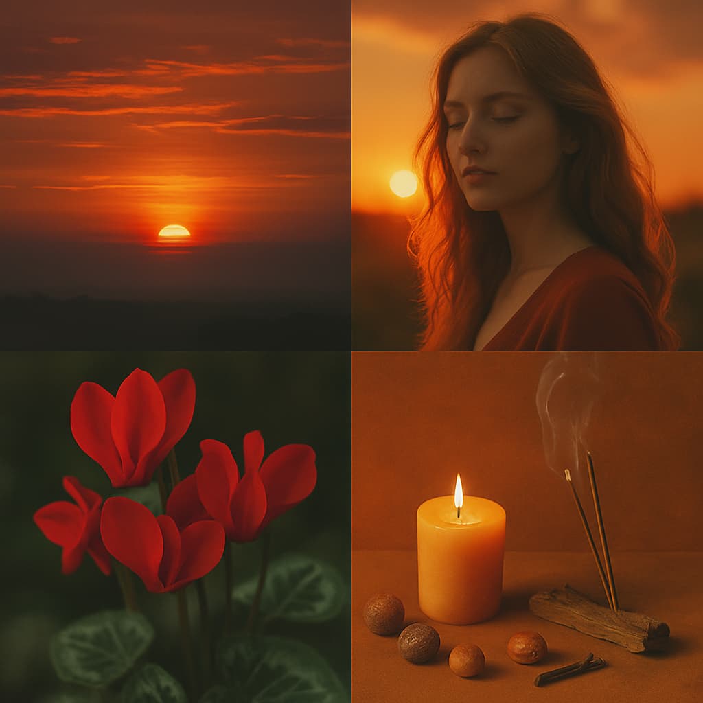 A fiery collage featuring a glowing sunrise, a serene woman in golden light, vivid red cyclamen blooms, and an arrangement of incense, nutmeg, and candlelight, capturing the warm, passionate energy of Aurora's Ember.