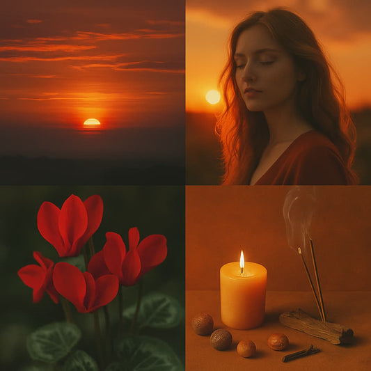 A fiery collage featuring a glowing sunrise, a serene woman in golden light, vivid red cyclamen blooms, and an arrangement of incense, nutmeg, and candlelight, capturing the warm, passionate energy of Aurora’s Ember.