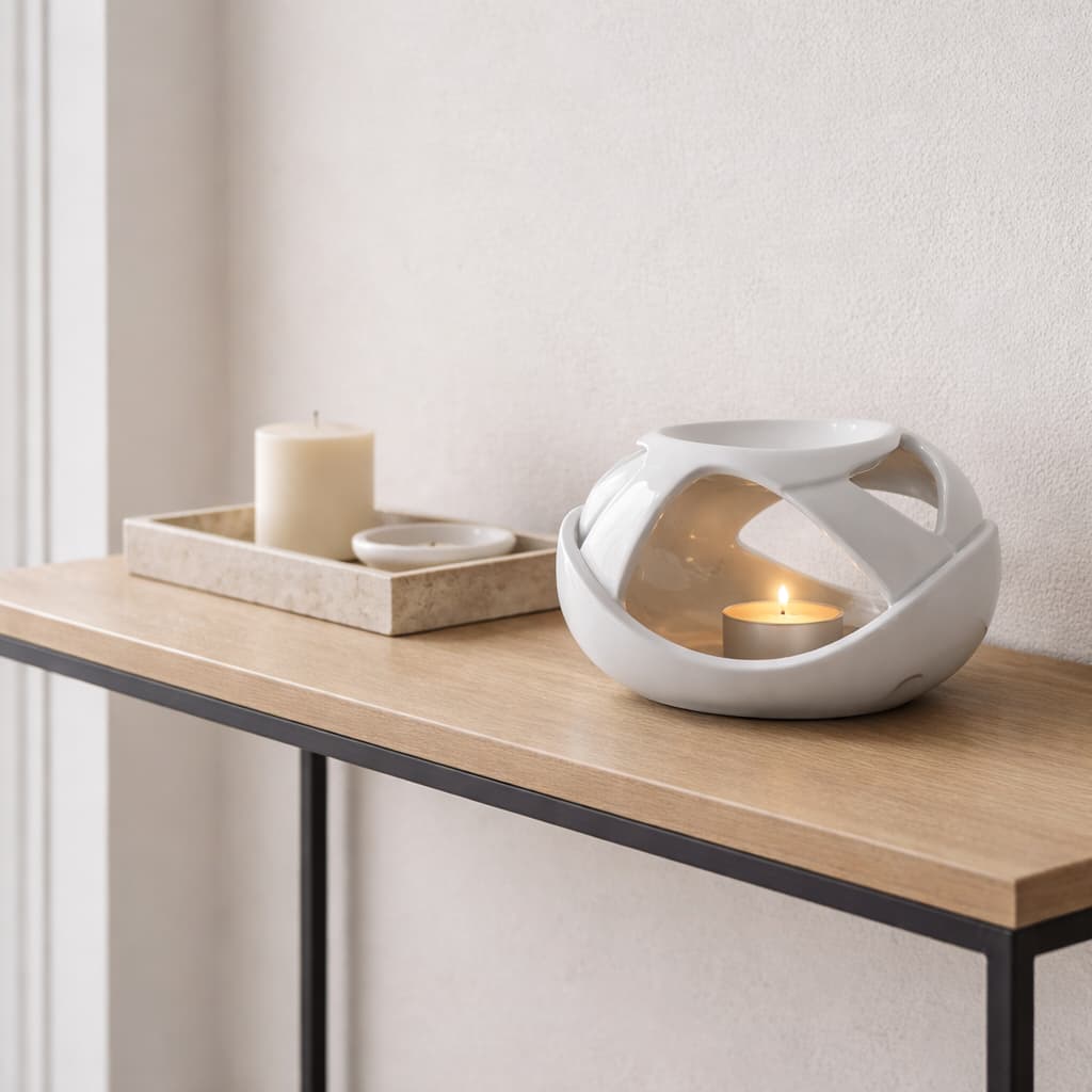 The Axis ceramic wax burne in white shown on a console table in a hallway