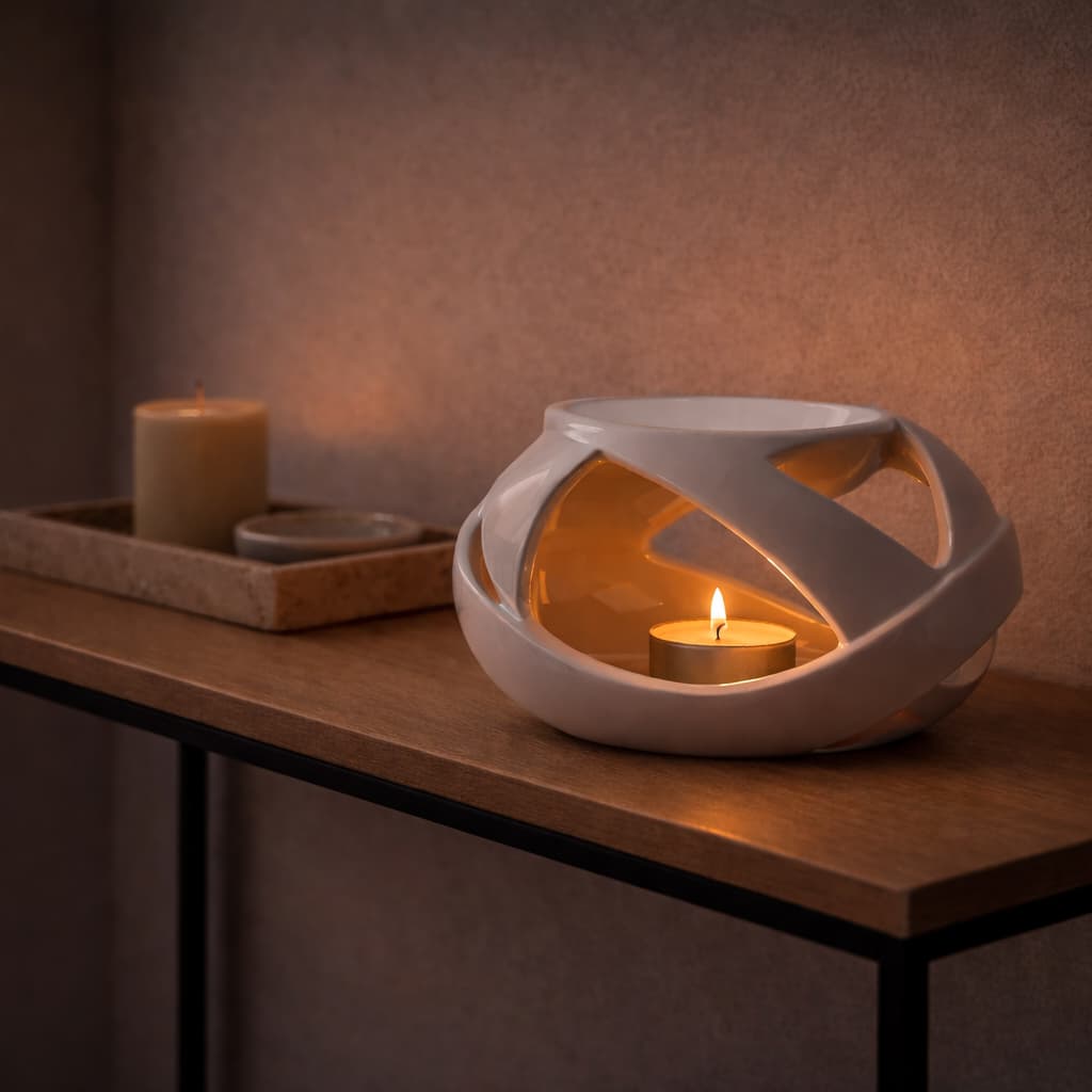 The Axis, a Modern white ceramic Wax Warmer with a lit candle on a wooden surface.