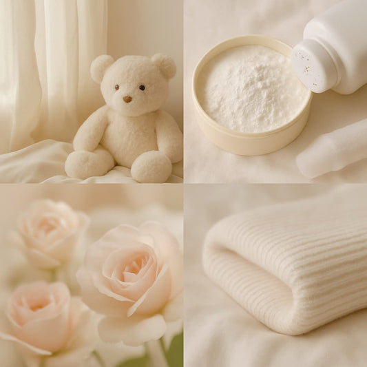 A collage of four soft pastel photographs evoking the comforting scent of baby powder, featuring fluffy blankets, delicate florals, warm morning light, and gentle textures that convey cleanliness, tenderness, and nostalgic calm.
