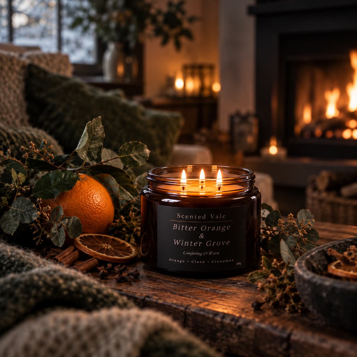 A lit scented candle in a dark amber glass jar sits on a rustic wooden table in a cosy indoor setting with a fireplace, knit blankets, dried orange slices, and greenery. The front label reads 'Scented Vale Bitter Orange & Winter Grove'.
