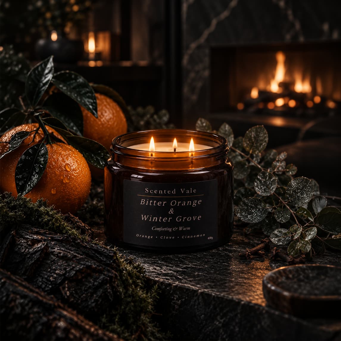 A lit amber glass jar candle labeled Scented Vale Bitter Orange & Winter Grove sits on a dark stone surface surrounded by oranges, greenery, and a blurred fireplace in the background.