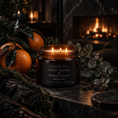 A lit amber glass jar candle labeled Scented Vale Bitter Orange & Winter Grove sits on a dark stone surface surrounded by oranges, greenery, and a blurred fireplace in the background.