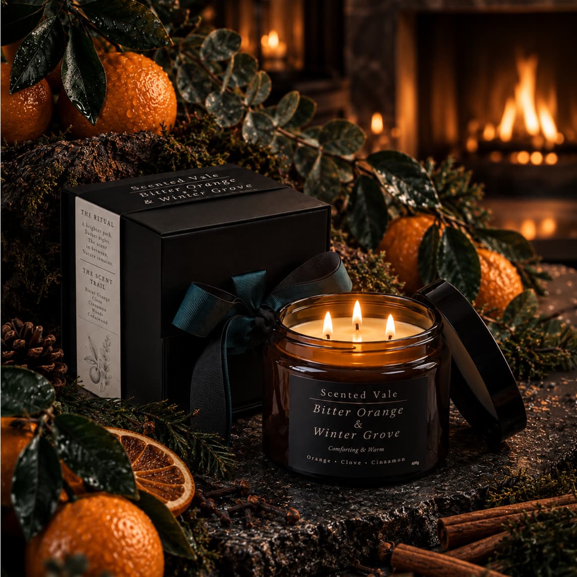 A scented candle in a dark amber glass jar with three lit wicks sits in front of its black gift box, styled with evergreen branches, oranges, cinnamon sticks, and pinecones in front of a warm fireplace. The labels read 'Scented Vale Bitter Orange & Winter Grove'