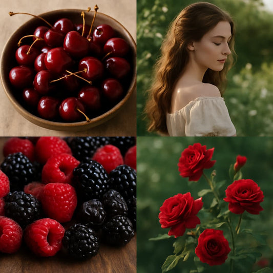 A rich, indulgent collage featuring glistening ripe cherries in a bowl, stained fingertips holding berries, soft rose petals scattered on linen, and blackcurrants resting beside a swirl of vanilla cream, capturing the bold, sweet allure of Black Cherry.
