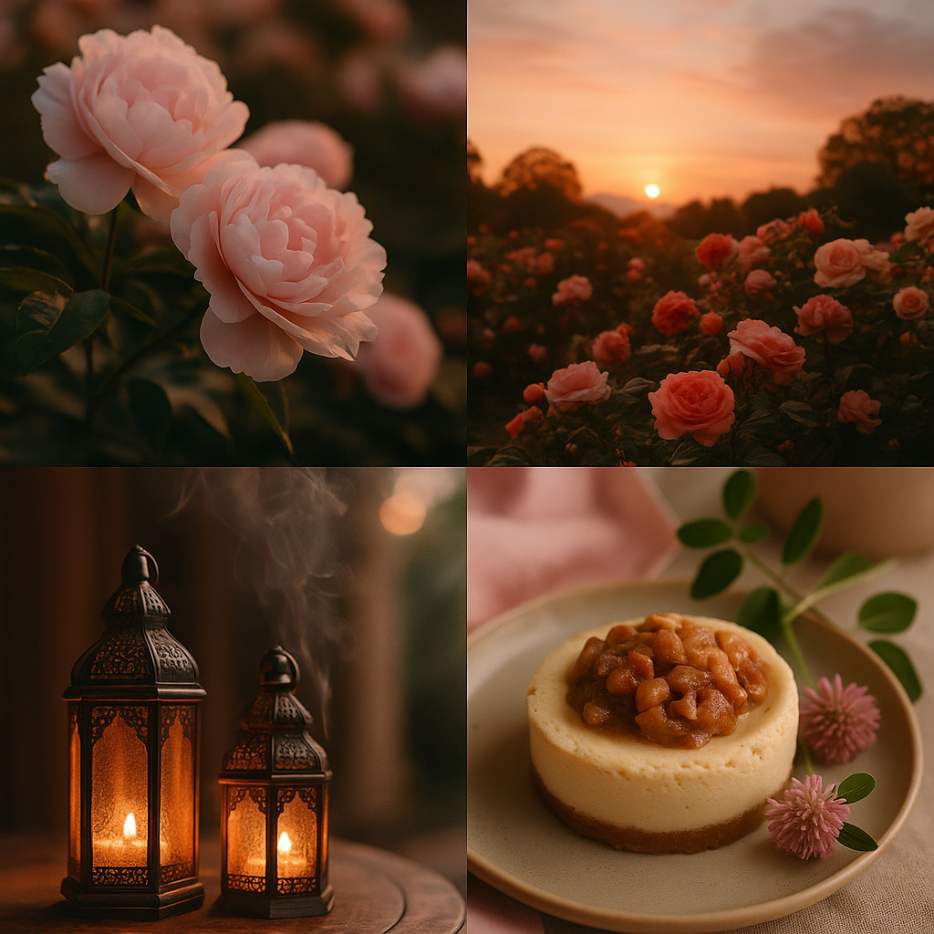 A collage of four photographs captures a spring evening mood with soft pink and golden tones, blooming peonies, glowing lanterns at dusk, warm clove spice, and smoky shadows, visually evoking the scent of Blushed Reverie.