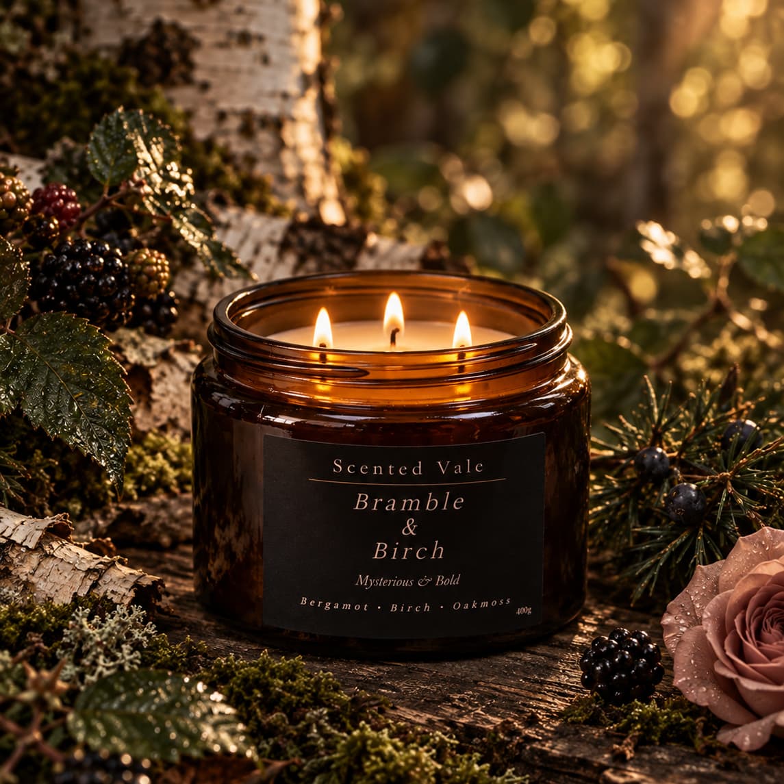 A lit amber glass jar candle labeled 'Scented Vale Bramble & Birch' sits on a mossy log outdoors, surrounded by berries, evergreen branches, and soft forest light.