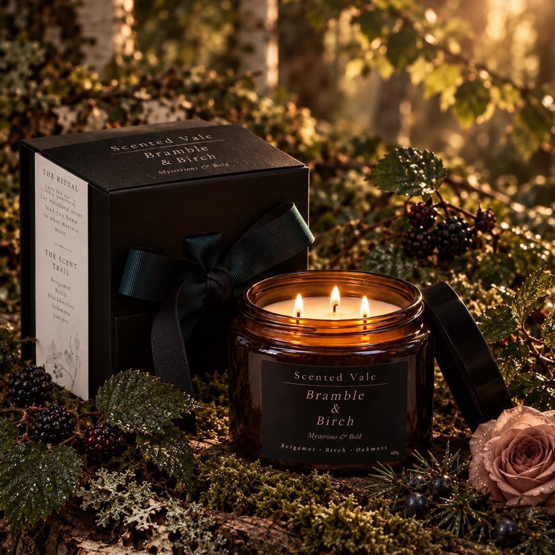 A lit amber glass scented candle jar with its black lid beside a black gift box, styled on moss and wood with berries, leaves, and a rose in a forest-like setting. The labels read Scented Vale Bramble & Birch.