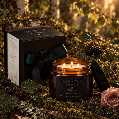 A lit amber glass scented candle jar with its black lid beside a black gift box, styled on moss and wood with berries, leaves, and a rose in a forest-like setting. The labels read Scented Vale Bramble & Birch.