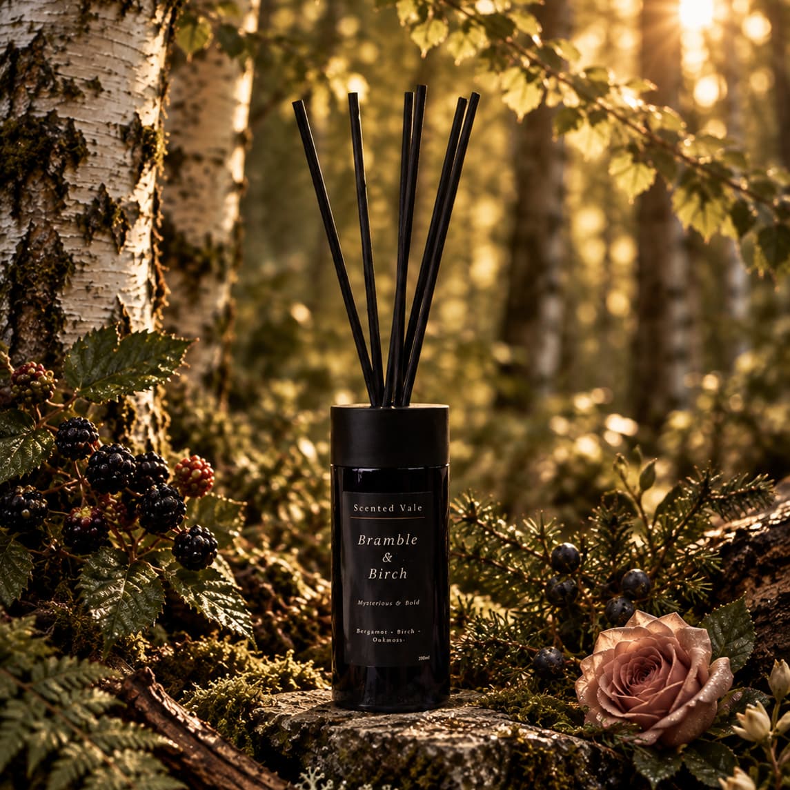 A violet reed diffuser labelled 'Scented Vale Bramble & Birch' stands on a mossy log surrounded by forest foliage, blackberries, pine branches, and a blurred rose in warm natural light.