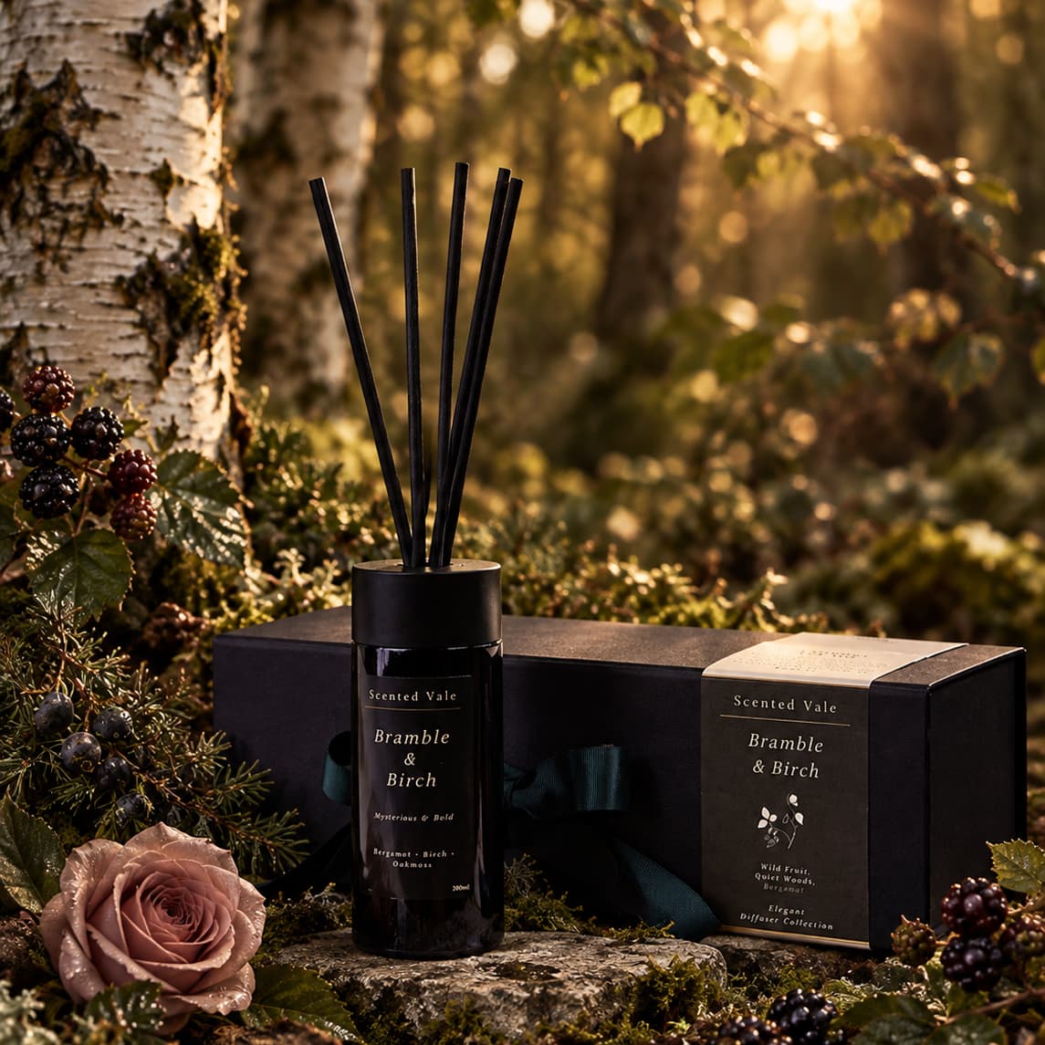 A violet reed diffuser labelled 'Scented Vale Bramble & Birch' stands on a mossy log surrounded by forest foliage, blackberries, pine branches, and a blurred rose in warm natural light. Shown with a black figt box with dark green and black bow