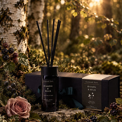 A violet reed diffuser labelled 'Scented Vale Bramble & Birch' stands on a mossy log surrounded by forest foliage, blackberries, pine branches, and a blurred rose in warm natural light. Shown with a black figt box with dark green and black bow
