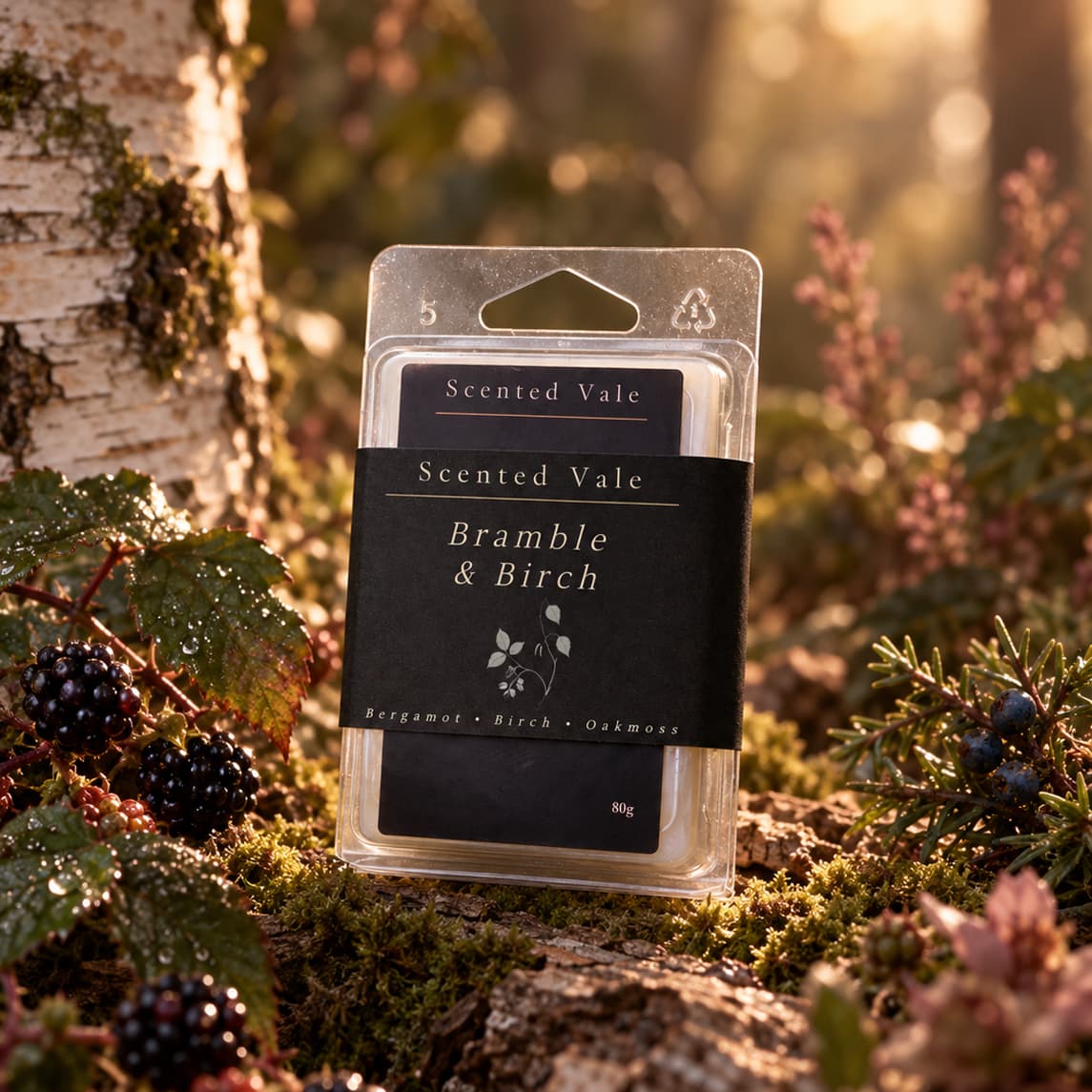 A packaged scented wax melt labelled 'Scented Vale Bramble & Birch' stands on a mossy log outdoors, surrounded by berries, leaves, and soft forest light.