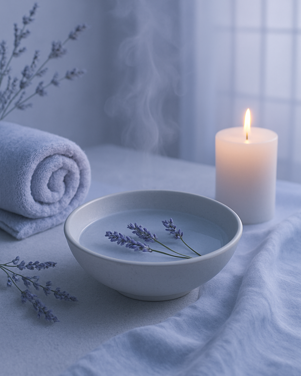 Calm & relaxing scent scene with a bowl of water, lavender, a candle, and towels on a soft surface.