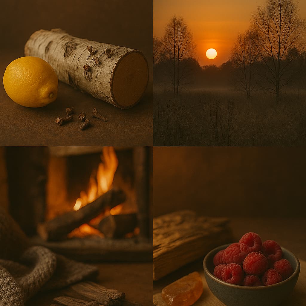 A warm, atmospheric collage of birch wood, cloves, winter sunset behind bare trees, firelight with cosy textures, and raspberries and amber, capturing the grounded, comforting essence of Cedarwood Cradle.