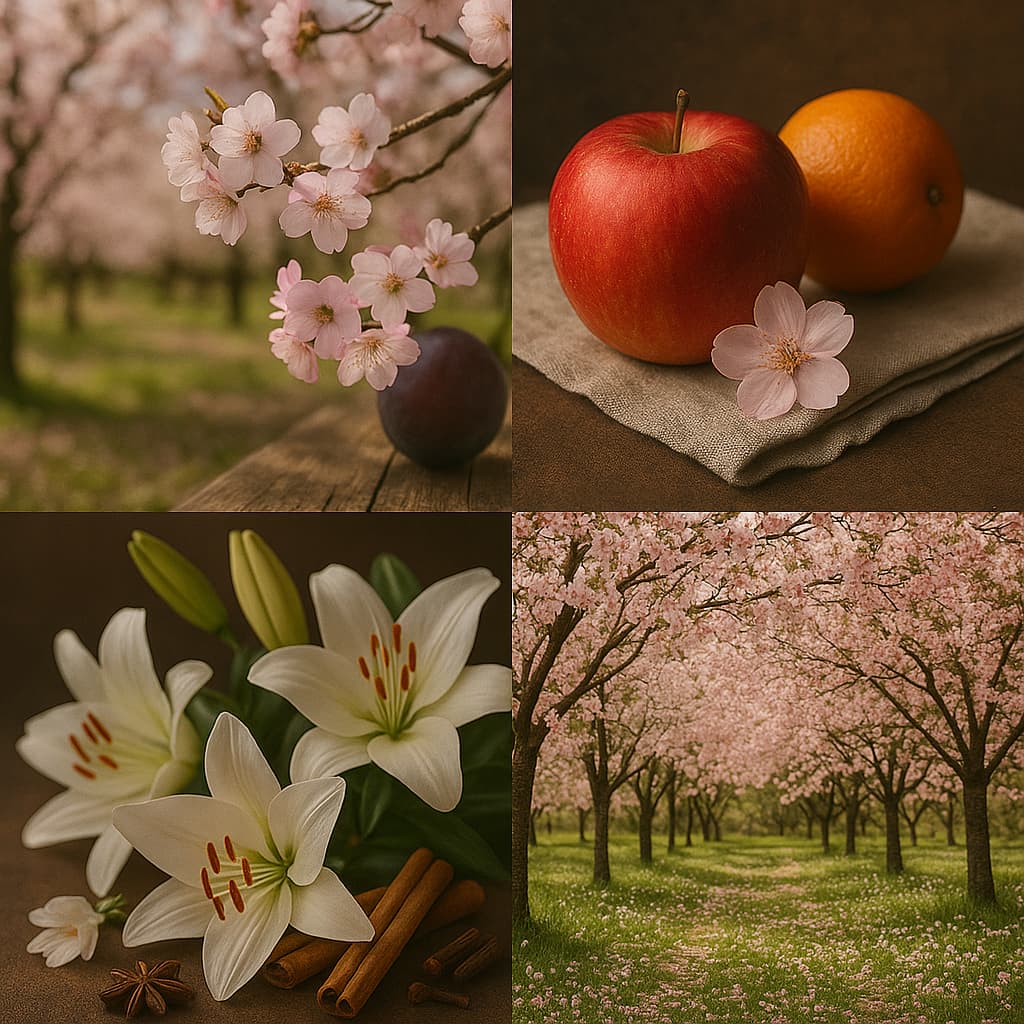 A soft springtime collage featuring cherry blossom trees, crisp apples and oranges, white lilies with cinnamon sticks, and an orchard path, evoking the delicate, fruity-floral scent of Cherry Blossom Kiss.