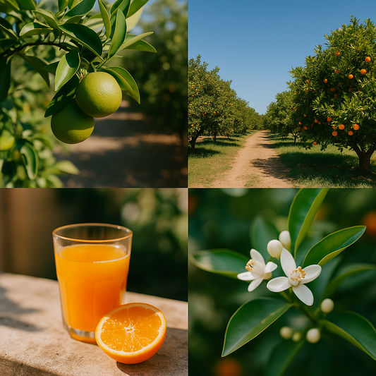 A collage of four photographs captures a sunlit citrus grove with lime trees, bergamot, mandarin slices, and blooming white flowers, evoking the bright, fresh scent of citrus and herbs in a warm Mediterranean garden.