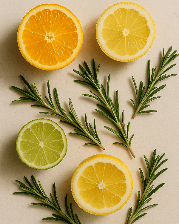 Citrus and fresh scent scene with sliced citrus fruits and rosemary leaves on a beige background