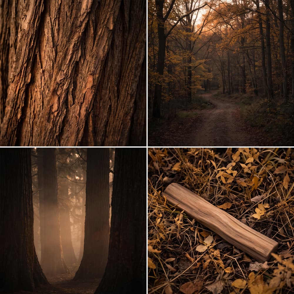 A four-panel collage of autumn forest scenes: a close-up of textured tree bark, a narrow path through a wooded area at golden hour, misty forest trees, and a weathered wood piece on leaf-covered ground.