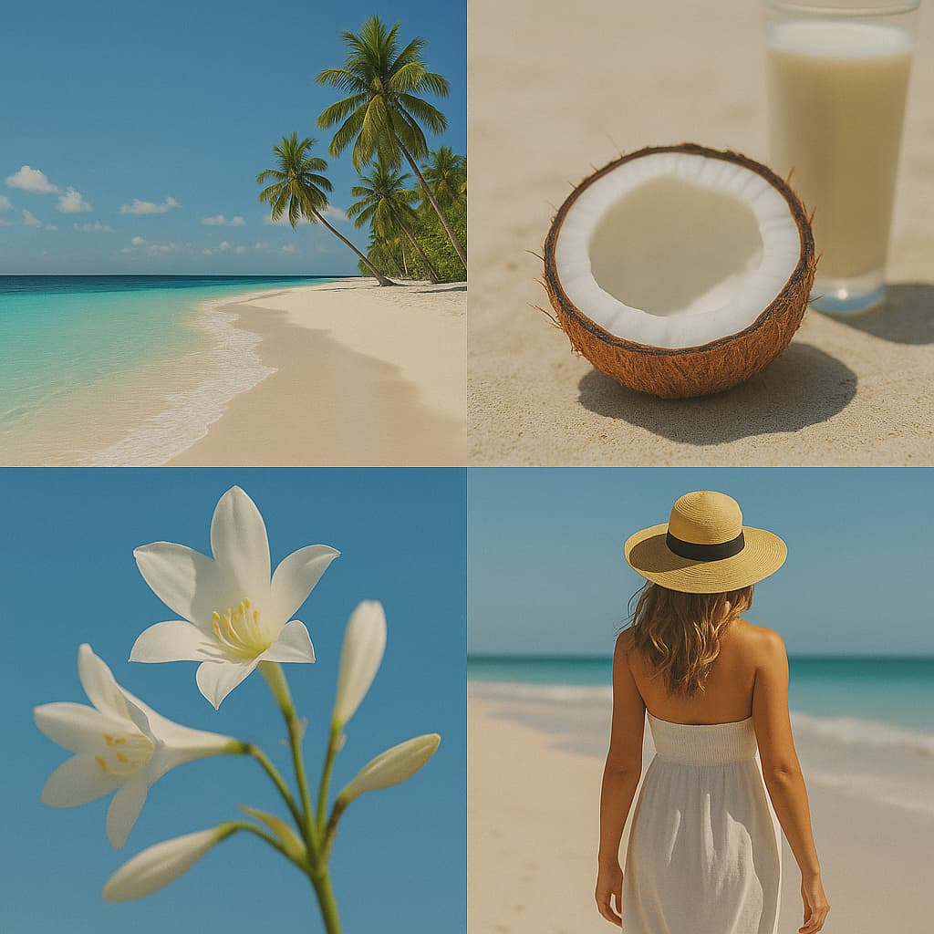 A tropical collage featuring turquoise waves on a sunny beach, a halved coconut with a drink on warm sand, white lilies against a clear sky, and a woman in a sunhat walking along the shoreline, capturing the fresh, sun-kissed escape of Coconut Coast.