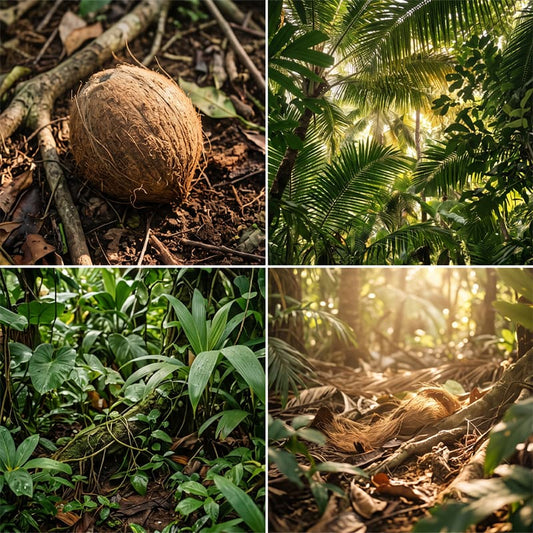 A four-panel collage showing a brown coconut on forest floor, bright sunlight filtering through palm leaves, dense green tropical foliage, and a coconut lying on the ground in a sunlit jungle scene.