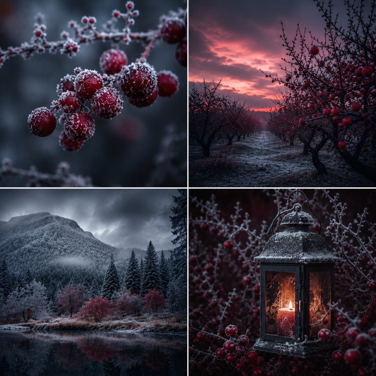 A four-panel winter collage featuring frosty red berries on branches, a dark orchard at sunset, a snowy mountain landscape, and a glowing lantern surrounded by frosty red berries.