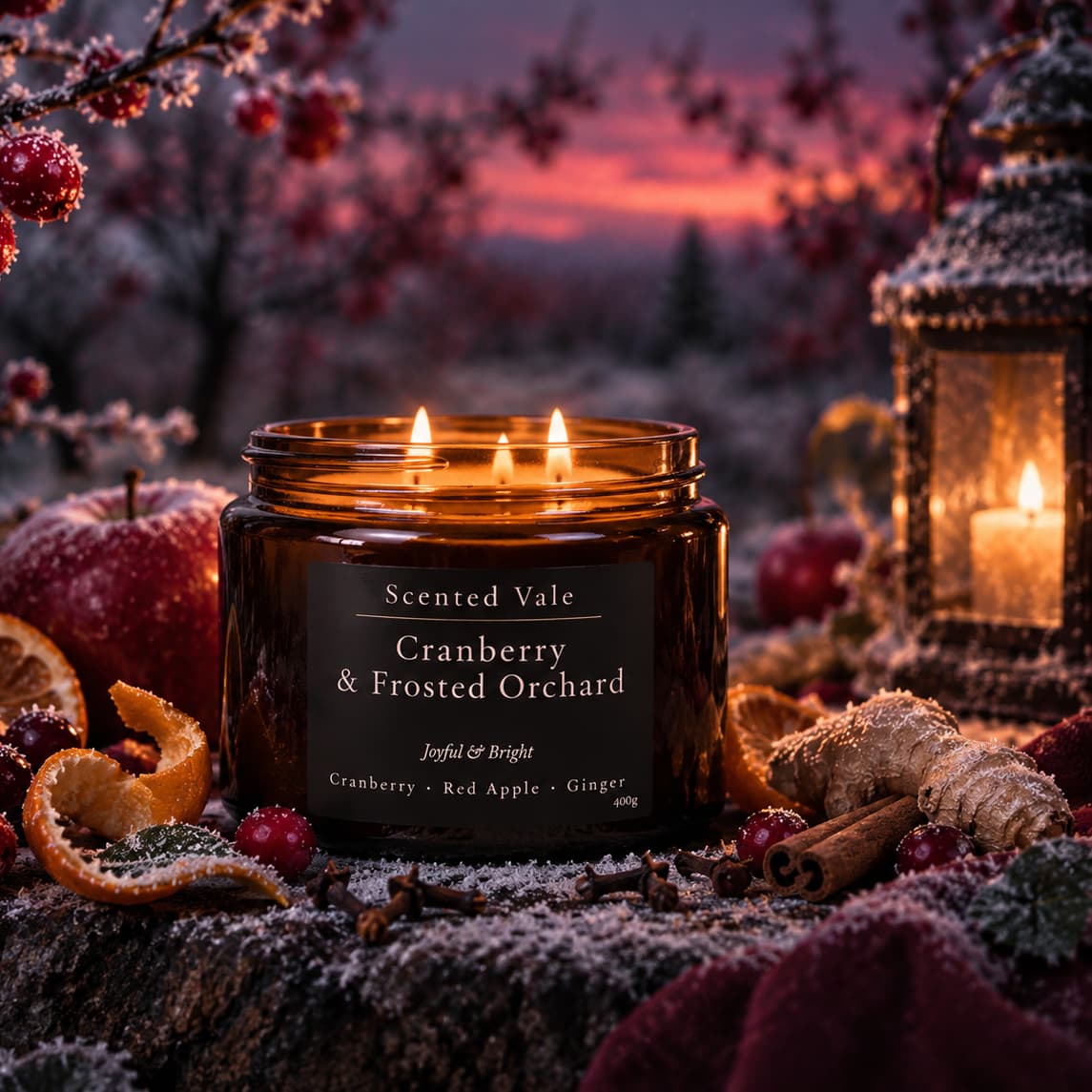 A lit amber glass candle jar labeled 'Scented Vale Cranberry & Frosted Orchard' sits outdoors on a snowy log at dusk, surrounded by cranberries, orange slices, cinnamon sticks, ginger, and a lantern.