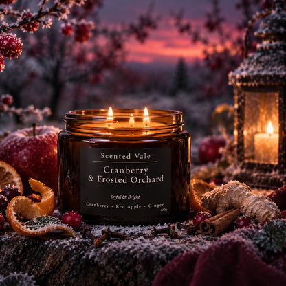 A lit amber glass candle jar labeled 'Scented Vale Cranberry & Frosted Orchard' sits outdoors on a snowy log at dusk, surrounded by cranberries, orange slices, cinnamon sticks, ginger, and a lantern.