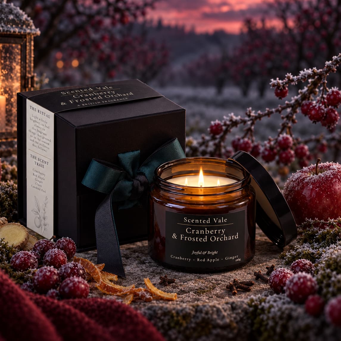 A lit amber glass scented candle jar with its black lid and branded box beside it, styled outdoors on a stone surface with frosty red berries, dried citrus, a lantern, and a blurred winter landscape in the background. The candle label reads Scented Vale Cranberry & Frosted Orchard.