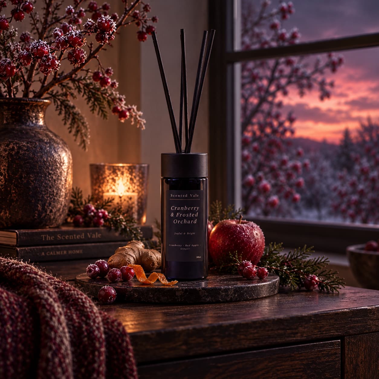 A reed diffuser bottle labelled 'Cranberry & Frosted Orchard' stands on a wooden table in a cosy, styled room scene with a candle, vase, apple, cranberries, and a window showing a sunset view outside.