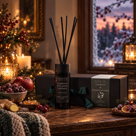 A reed diffuser bottle labeled Cranberry & Frosted Orchard stands on a wooden table beside its box, styled in a warm holiday interior with candles, berries, and a window view of a snowy evening.