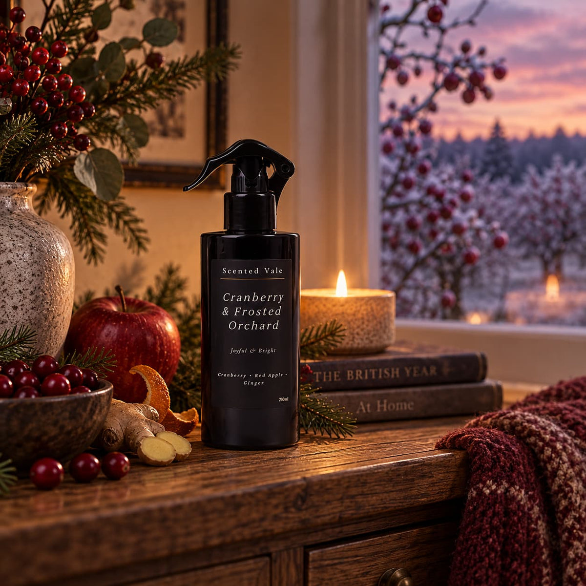 A Cranberry & Frosted Orchard room spray stands on a wooden table in a cosy, warmly lit room. The scene is decorated with fresh cranberries, an apple, ginger, books, pine branches, and a lit candle, with a snowy window view in the background at sunset.