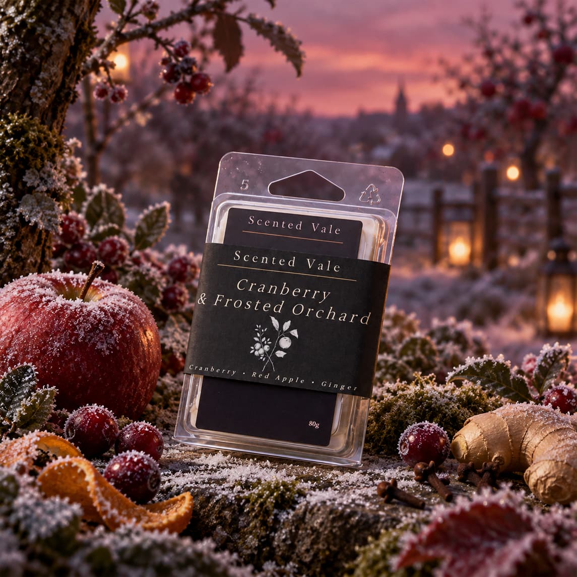 A packaged wax melt product labelled 'Scented Vale Cranberry & Frosted Orchard' stands outdoors in a frosty, autumnal scene with apples, berries, leaves, and warm blurred lights in the background.