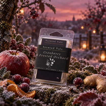 A packaged wax melt product labelled 'Scented Vale Cranberry & Frosted Orchard' stands outdoors in a frosty, autumnal scene with apples, berries, leaves, and warm blurred lights in the background.