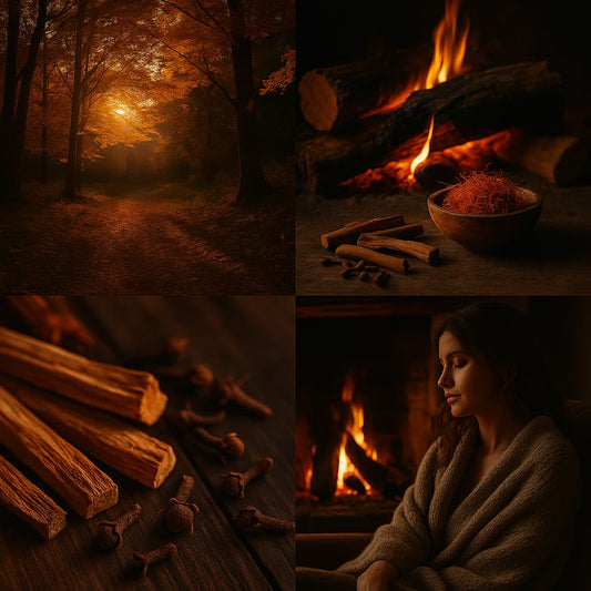 A warm autumn collage showing a golden forest at sunset, saffron and cinnamon, a crackling fire, close-up cedarwood and clove on rustic wood, and a woman wrapped in a cosy blanket showing the grounded, comforting scent of Duskmere.