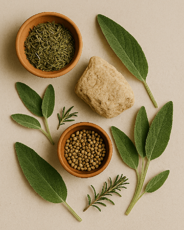 Earthy and Herbal Scent Scene with wooden bowls with dried herbs and a rock on a beige background