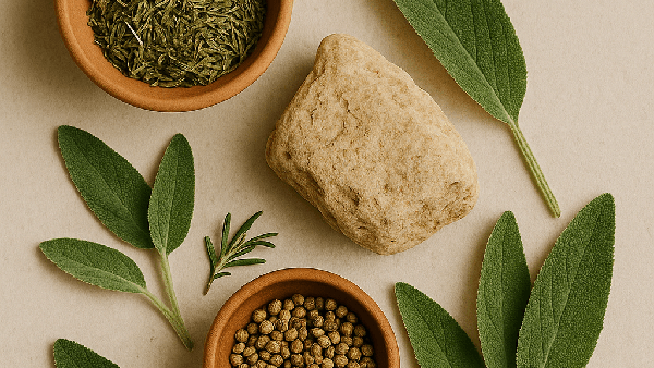 Two bowls of dried herbs and a rock on a beige surface