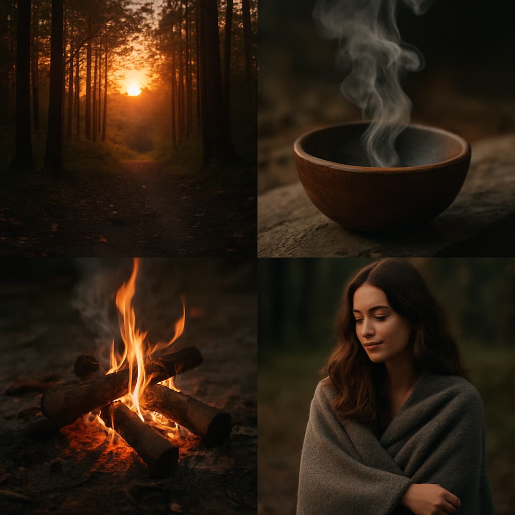 A moody, atmospheric collage featuring a glowing campfire in twilight woods, soft smoke rising through trees, golden light flickering on skin, and worn hiking boots resting near fallen leaves, capturing the quiet, smoky warmth of Ember Serenade.