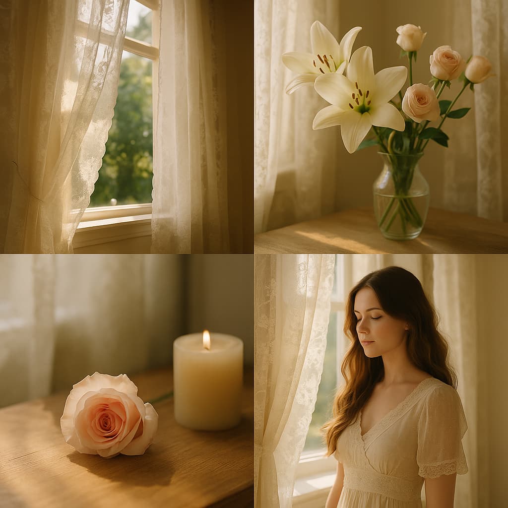 A soft, romantic collage featuring lace curtains glowing in sunlight, lilies and blush roses in a vase, a single rose with a lit candle, and a serene woman in a vintage dress, capturing the gentle, powdery magic of Enchanted Whisper.