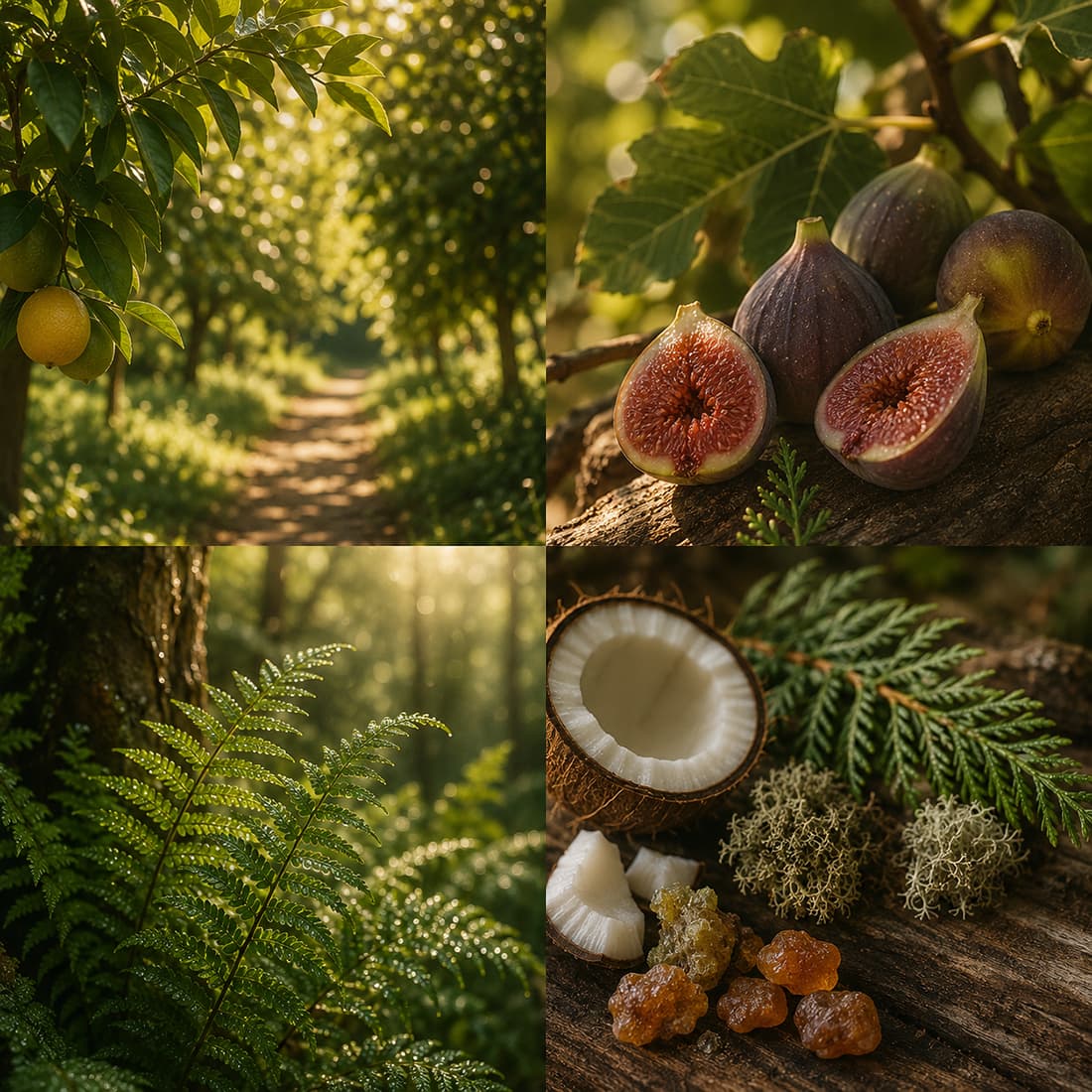 Spring-inspired fragrance mood board featuring sunlit figs, fresh citrus, dew-covered ferns, and woodland greenery, capturing the bright, earthy scent of Fig & Fernlight.